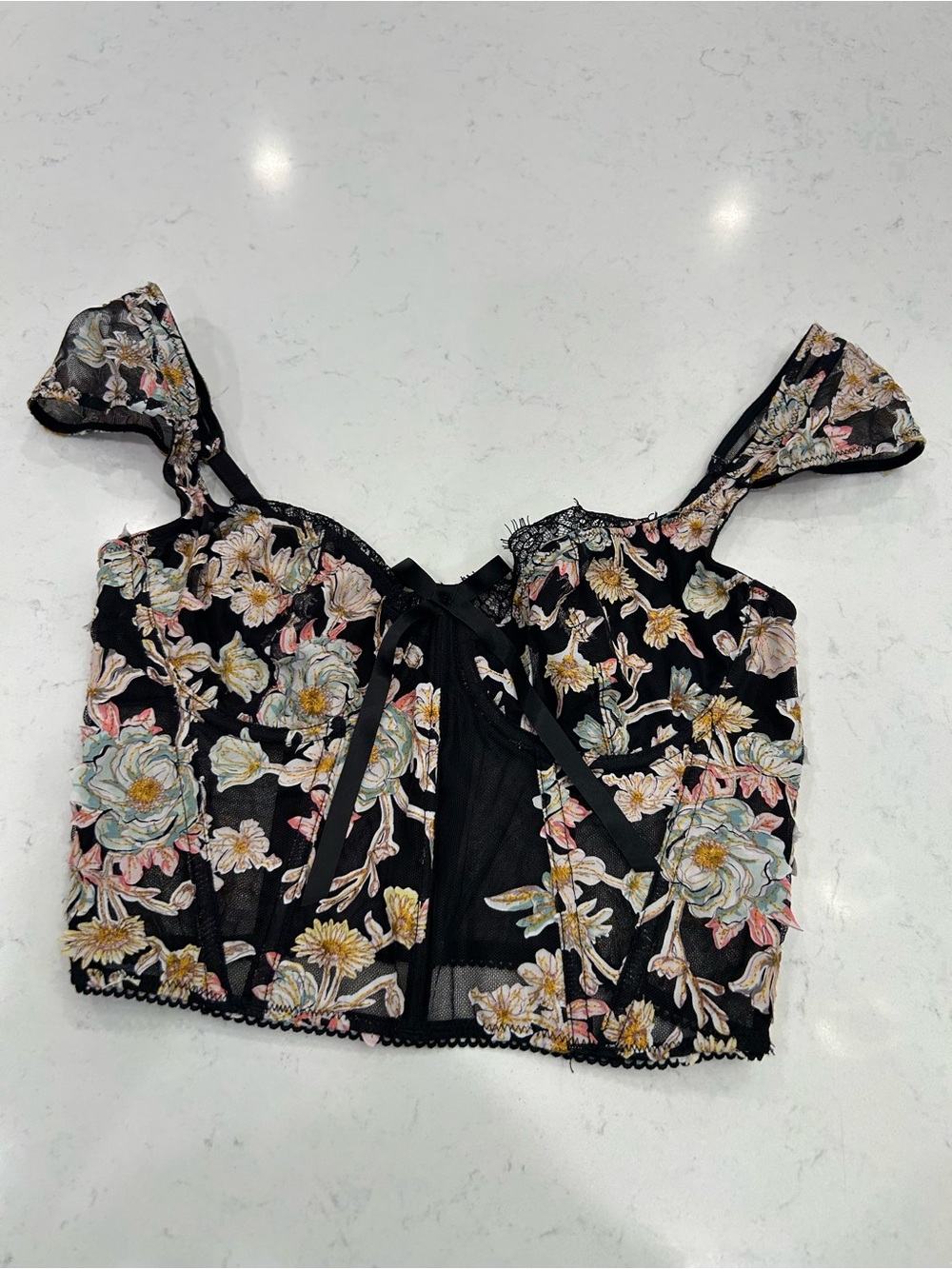 Floral Embroidered Black Crop Top with Ribbon Tie